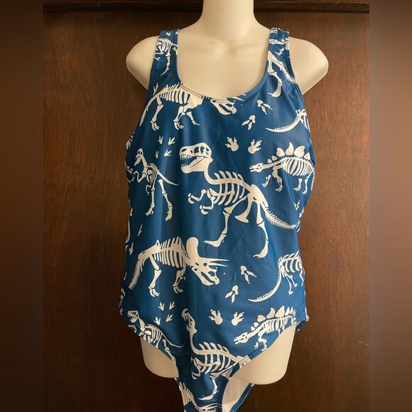 Unbranded Women's 2XL Teal White Dinosaur Skeleton One Piece Swimsuit FUN! - Picture 1 of 5